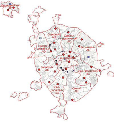 Location of automatic stations that operated in Moscow in 2004